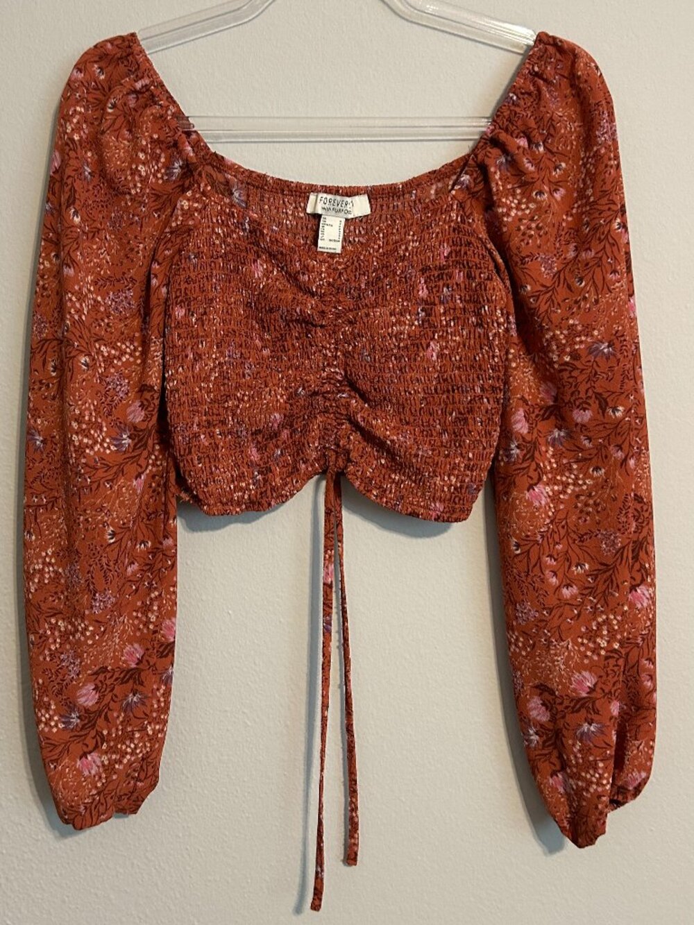 Forever 21 Floral Smocked Crop Top Rust Long Sleeve S